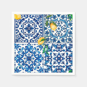 Servilleta De Papel estilo italiano, mediterráneo, mosaico, azul, limó