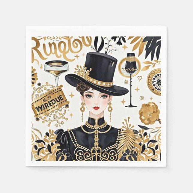 Servilleta De Papel Estilo Moulin Rouge, negro y dorado, Lujo rico (Anverso)