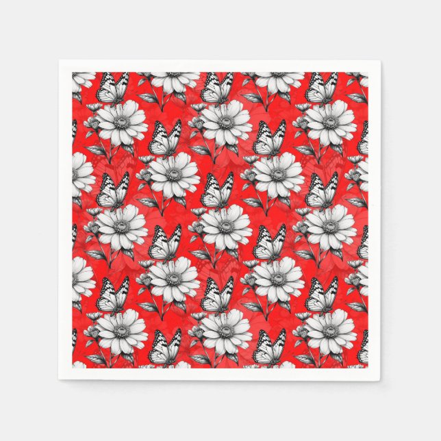 Servilleta De Papel Estilo Rojo De Moda De Mariposa En Patrón De Flor (Anverso)