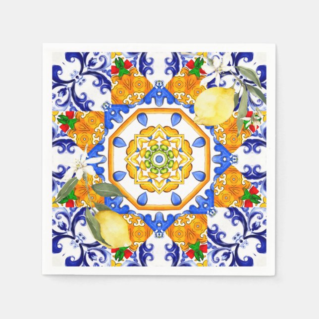 Servilleta De Papel Estilo siciliano, limones, majólica (Anverso)