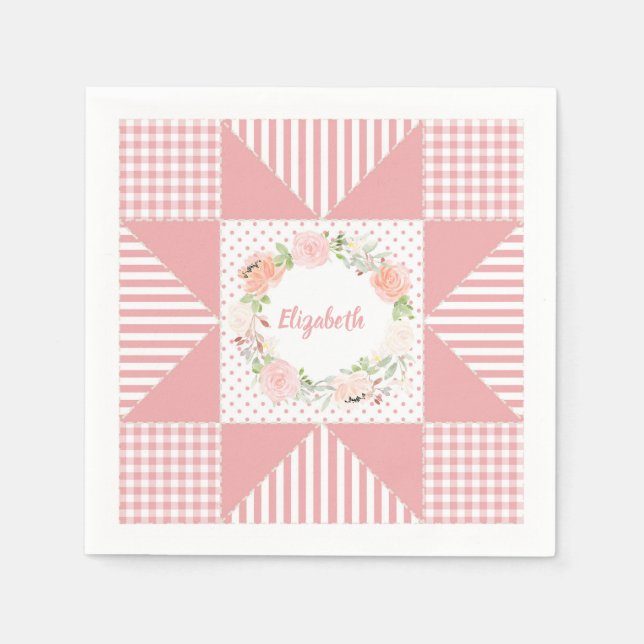 Servilleta De Papel Estrella de la Noche Girly Rosa Quilt Rosa Wreath  (Anverso)