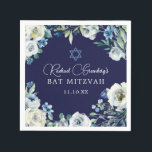 Servilleta De Papel Estrella floral azul marina de David Bat Mitzvah F<br><div class="desc">Hermosas flores blancas de peonía y hojas de acuarela verde forman un elegante borde en este plato de papel fiesta Bat Mitzvah azul marino floral. El nombre de su hija está escrito en moda, caligrafía blanca bajo la Estrella de David en esta decoración fiesta bajo una Estrella de David para...</div>