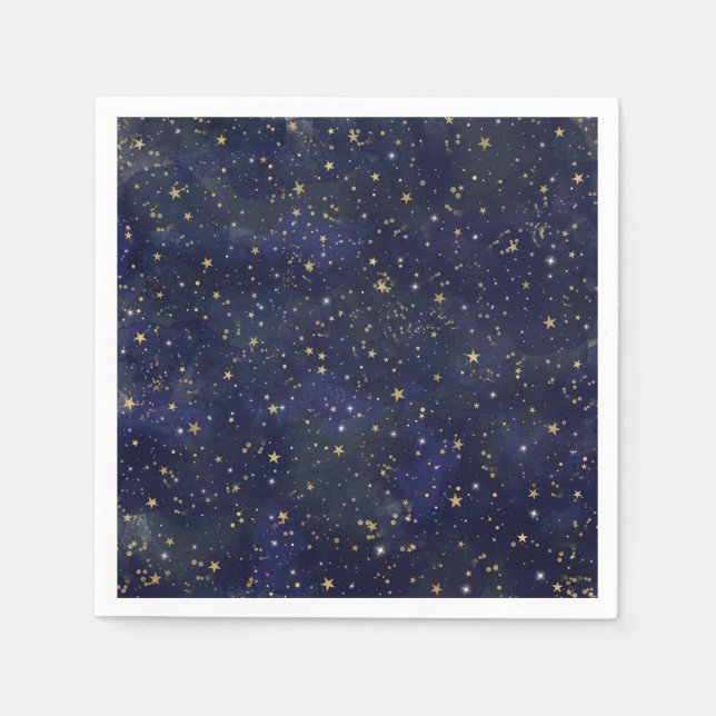 Servilleta De Papel Estrellas Celestiales Azules y Doradas Acuarela Ca (Anverso)