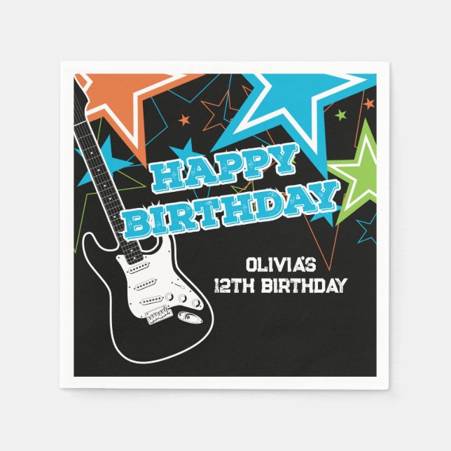 Servilleta De Papel Estrellas de Guitarra Cumpleaños de Rock Star Azul (Anverso)