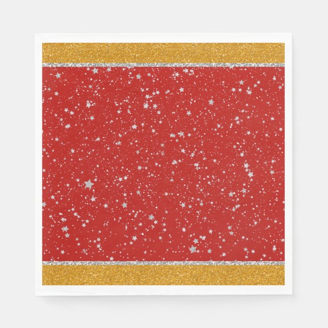 Servilleta De Papel Estrellas purpurinas - Rojo plateado (Anverso)