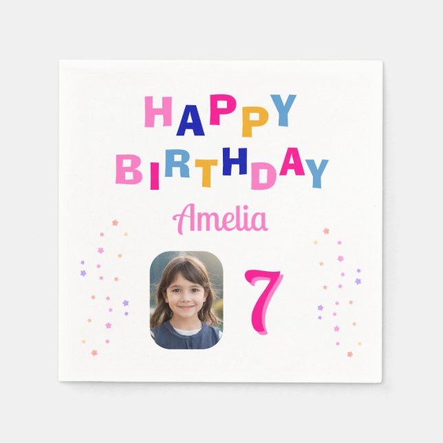 Servilleta De Papel Estrellas rosas: feliz cumpleaños, Chica de Fiesta (Anverso)