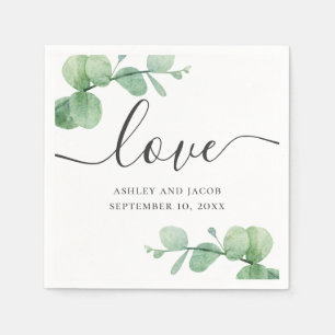 Servilleta De Papel Eucalipto acuarela. Boda con letra elegante