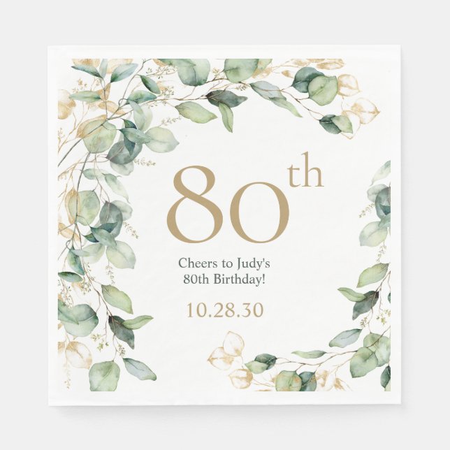 Servilleta De Papel Eucalipto para 80 cumpleaños (Anverso)