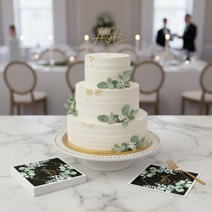 Servilleta De Papel Eucalipto y oro en boda personalizada negra