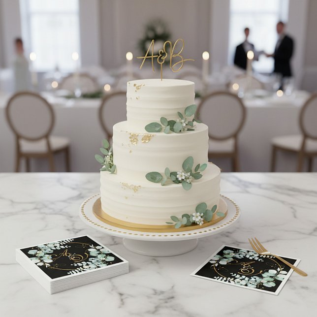 Servilleta De Papel Eucalipto y oro sobre boda personalizado negro (Subido por el creador)