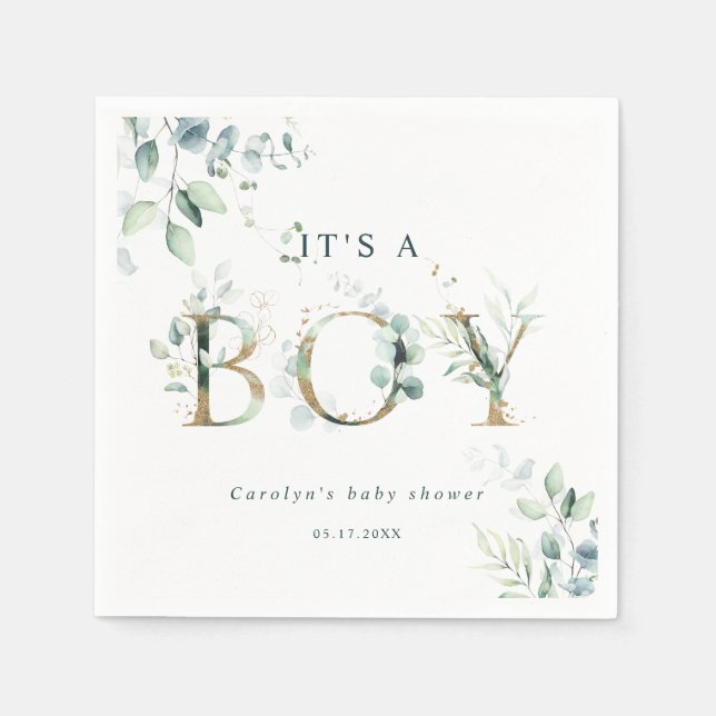 Servilleta De Papel Eucalyptus Botanical Gold Letter Boy Baby Shower (Anverso)