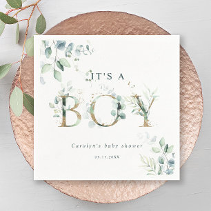 Servilleta De Papel Eucalyptus Botanical Gold Letter Boy Baby Shower