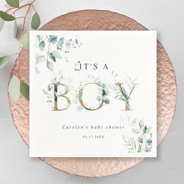 Servilleta De Papel Eucalyptus Botanical Gold Letter Boy Baby Shower (Subido por el creador)
