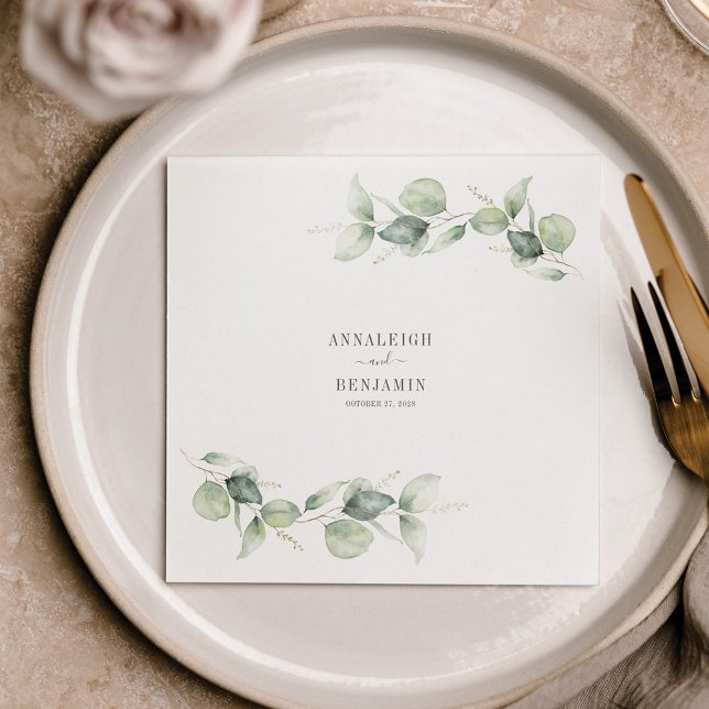 Servilleta De Papel Eucalyptus deja papel de cóctel Boda de la vegetac (Watercolor Eucalyptus Foliage Wedding Reception Paper Napkins)