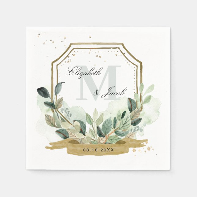 Servilleta De Papel Eucalyptus Greenery Elegant Gold Escudo Boda (Anverso)