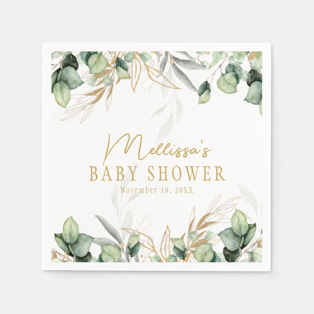Servilleta De Papel Eucalyptus Greenery Green Leaf & Gold Baby Shower (Anverso)