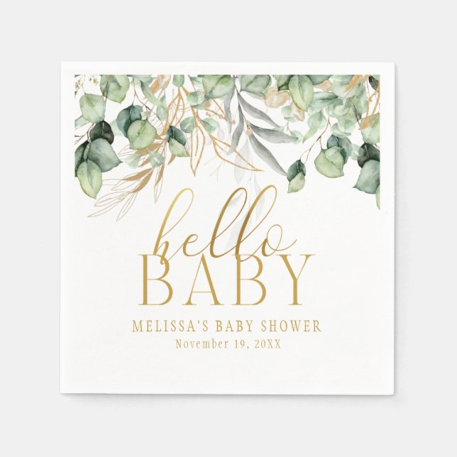 Servilleta De Papel Eucalyptus Greenery Green Leaf & Gold Hello Baby (Anverso)