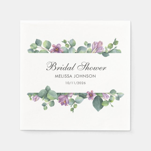 Servilleta De Papel Eucalyptus Greenery Green Purple Bridal Shower (Anverso)