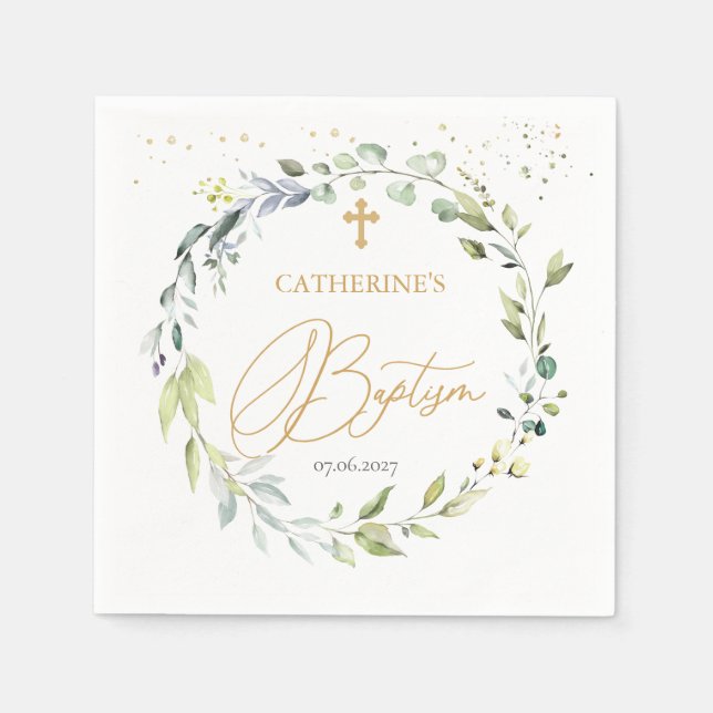 Servilleta De Papel Eucalyptus Herbal Cross Baby Baptism Napkins (Anverso)