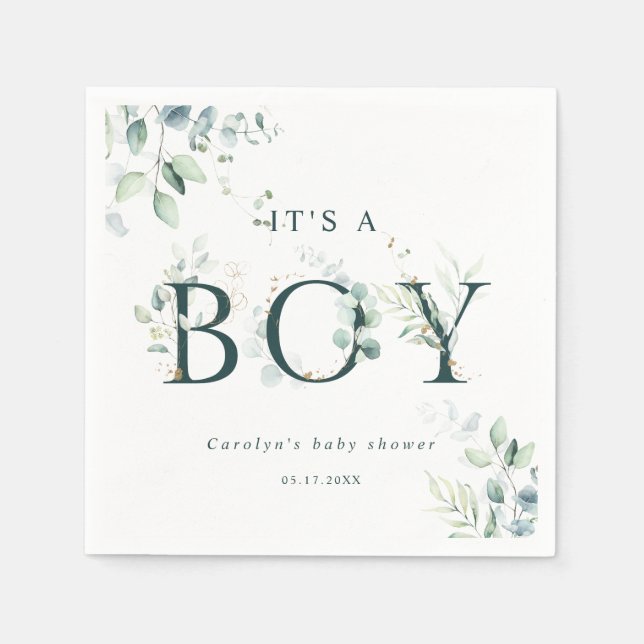 Servilleta De Papel Eucalyptus Letra Verde Botánica Boy Baby Shower (Anverso)