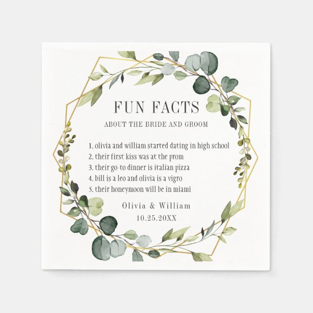 Servilleta De Papel Eucalyptus moderno Wreath Fun Facts Boda (Anverso)