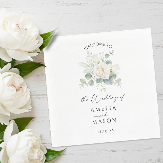 Servilleta De Papel Eucalyptus Rose Floral White Paper Wedding  (Eucalyptus Rose Floral White Paper Wedding Napkins)
