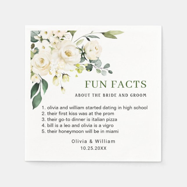 Servilleta De Papel Eucalyptus White Roses Fun Facts Boda (Anverso)