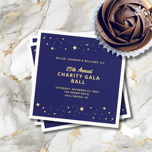 Servilleta De Papel Evento de Gala Bola de caridad Elegante Estrellas  (Charity Gala Ball Event Cocktail Napkin Blue Gold with Stars and Event Details.)
