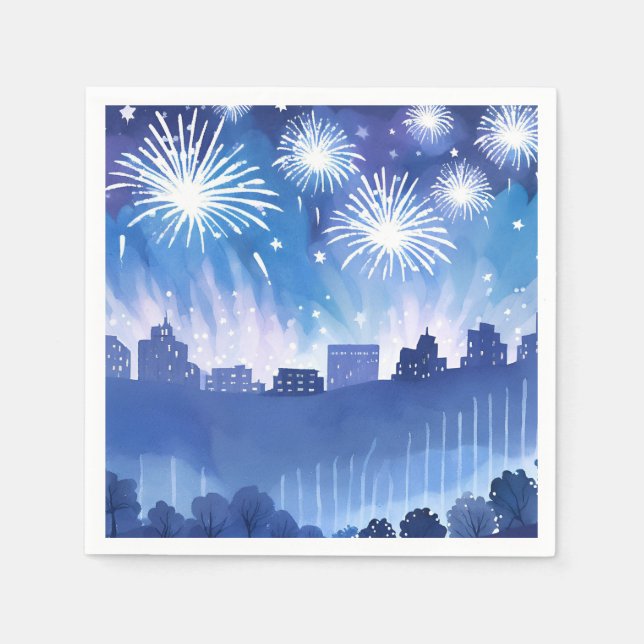 Servilleta De Papel Exhibición de Fuegos Artificiales Azules | Acuarel (Anverso)