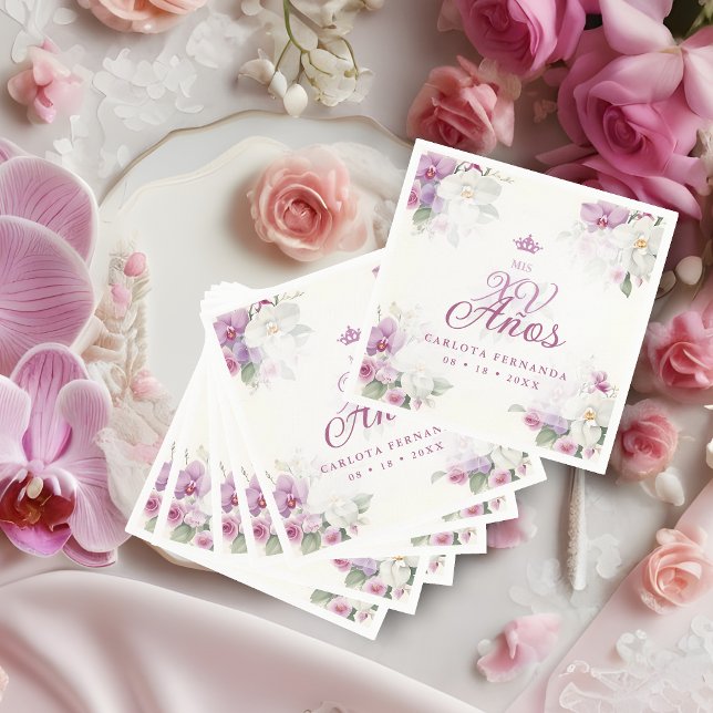 Servilleta De Papel Exquisite Mis XV Años Spanish Floral Orchid Posies (Romantic Exquisite Mis XV Años Spanish Floral Orchids Bouquets in Pink shades Napkins. )