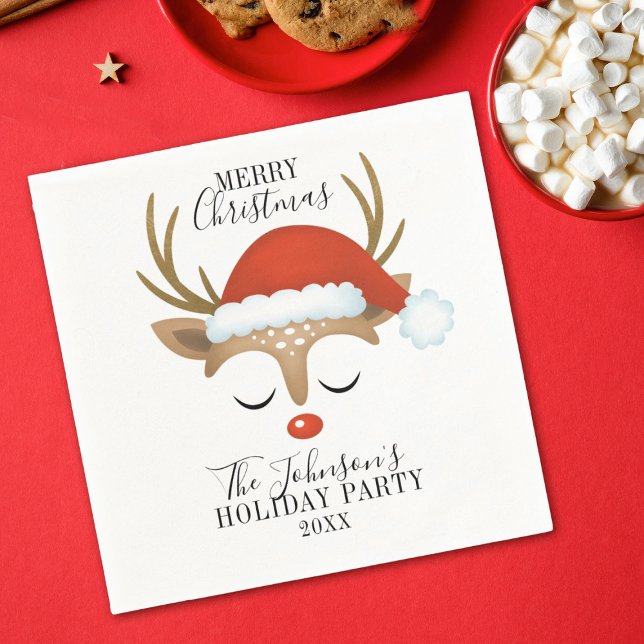 Servilleta De Papel Extravagantes Navidades de renos adornan las toall (A cute reindeer face with a santa hat decorates this paper napkin, So fun for your Christmas party!)