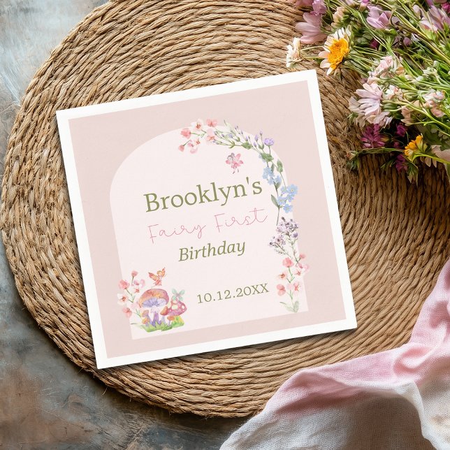 Servilleta De Papel Fairy First Birday Whimsical Mushroom Floral (Fairy First Birthday Whimsical Mushroom Floral Napkins)