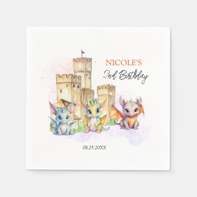 Servilleta De Papel Fairytale Cute Baby Dragons Castle Cumpleaños (Anverso)