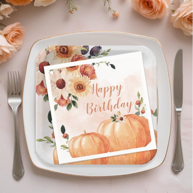 Servilleta De Papel Fall Watercolor Pumpkins Floral Cumpleaños (Fall Floral Birthday Party Napkins)