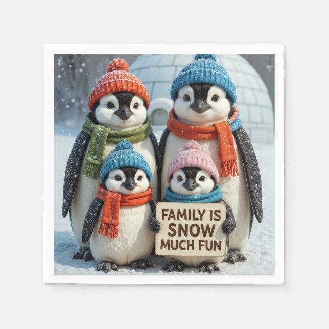 Servilleta De Papel Familia Pingüino En Copos De Nieve (Anverso)