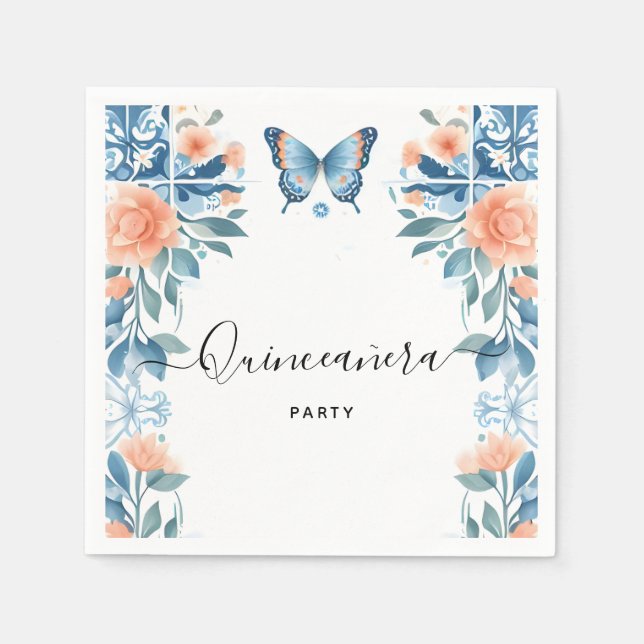 Servilleta De Papel Familia Tiara Azul Latina Girly Español Quinceaner (Anverso)