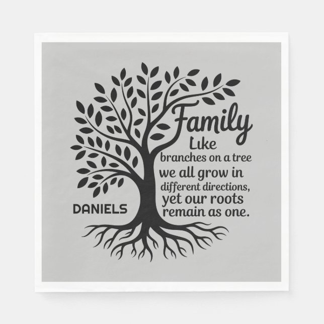 Servilleta De Papel Family Tree Black & Gray Personalized Family Name (Anverso)