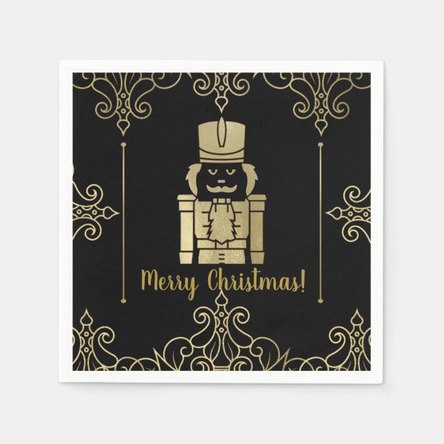 Servilleta De Papel Fancy Elegant Gold Black Nutcracker Holiday Party (Anverso)