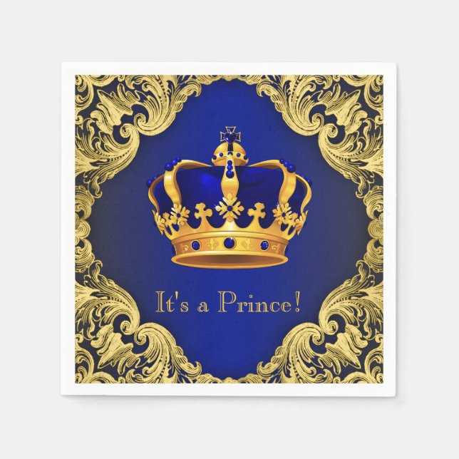 Servilleta De Papel Fancy Royal Blue Gold Prince Baby Shower (Anverso)