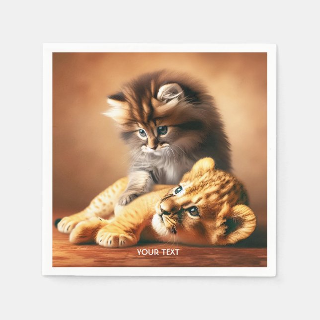 Servilleta De Papel Fantasía Cute Gatito Jugando Con El Tigre (Anverso)