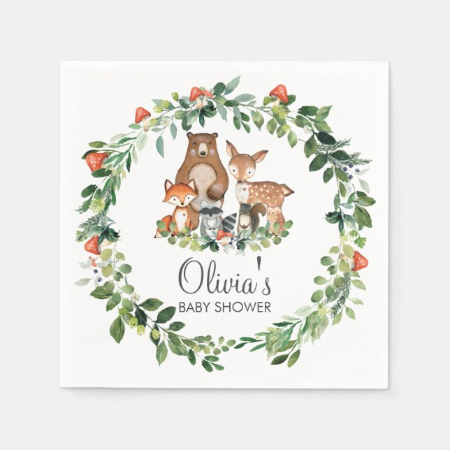 Servilleta De Papel Fantasía de animales de Woodland Green Baby Shower (Anverso)