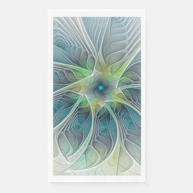 Servilleta De Papel Fantasía Flor Fractal Verde Azul (Anverso)