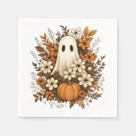 Servilleta De Papel Fantasma Adorable Con Calabaza Y Flores De Otoño –