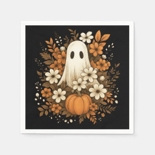 Servilleta De Papel Fantasma Adorable Con Calabaza Y Flores De Otoño –