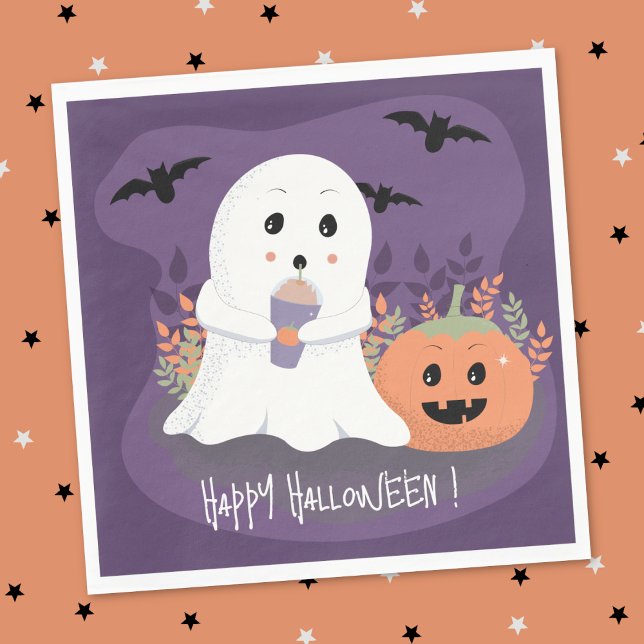 Servilleta De Papel Fantasma Cuidadoso Con Cueros De Latte De La Calab (Cute ghost with cold pumpkin latte Halloween paper napkin .)
