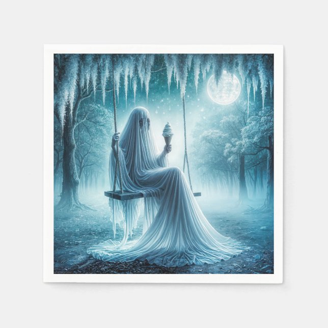 Servilleta De Papel Fantasma De Halloween Comiendo Un Cono De Helado (Anverso)