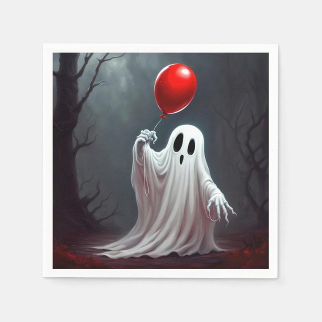 Servilleta De Papel Fantasma De Halloween Con Globo Rojo (Anverso)