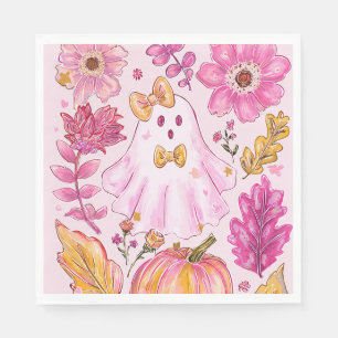 Servilleta De Papel Fantasma de Halloween Rosa Pastel con Flores y Cal