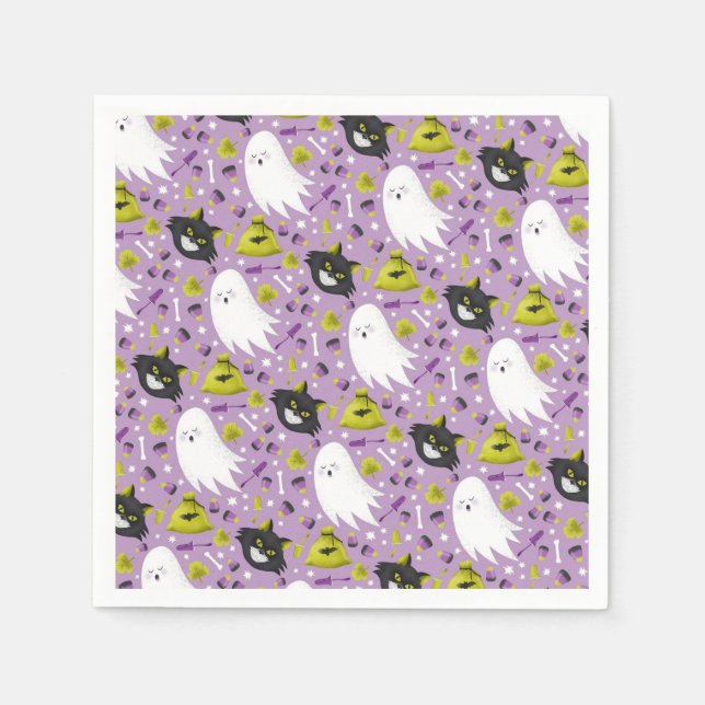 Servilleta De Papel Fantasma de Halloween y gatos negros (Anverso)