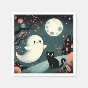 Servilleta De Papel Fantasma, gato negro y luna